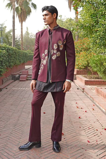 Soniya G Wine Embroidery, Zari Sherwani Set 