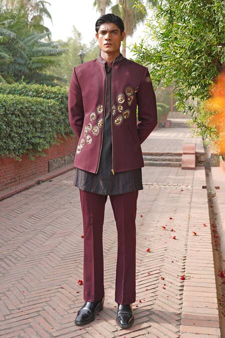 Soniya G_Wine Embroidery, Zari Sherwani Set _at_Aza_Fashions