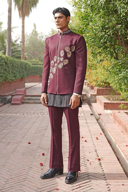 Buy_Soniya G_Wine Embroidery, Zari Sherwani Set 