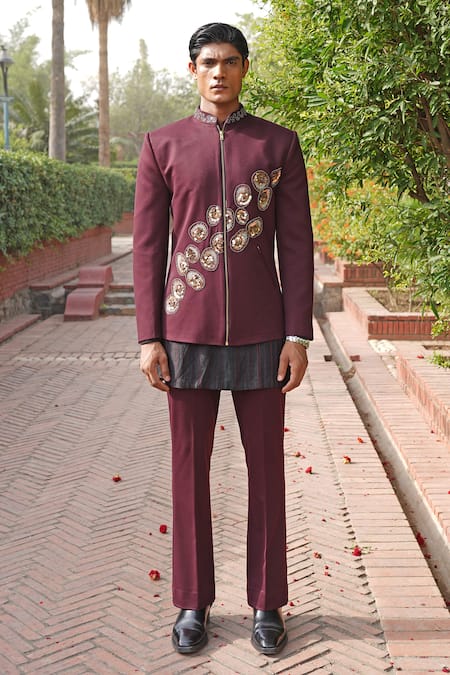 Shop_Soniya G_Wine Embroidery, Zari Sherwani Set 