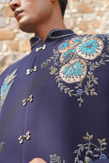 Soniya G_Blue Sequins, Embroidery Bandhgala Set _Online_at_Aza_Fashions