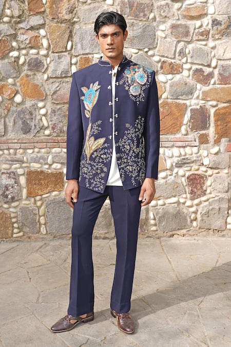 Soniya G_Blue Sequins, Embroidery Bandhgala Set _at_Aza_Fashions