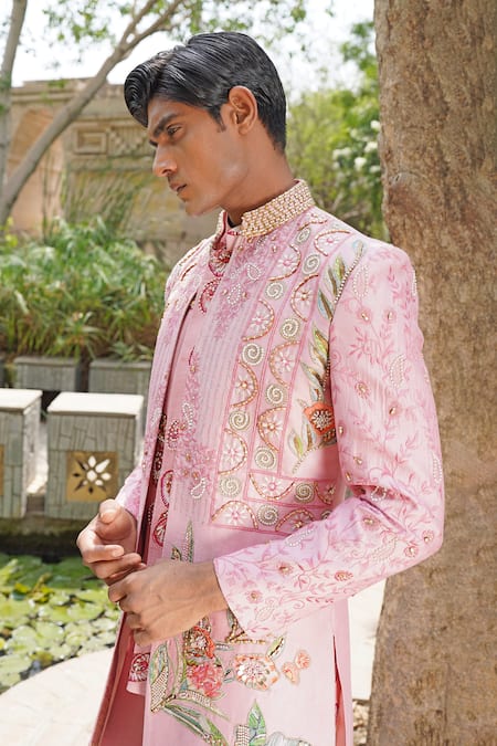Soniya G_Pink Silk Embroidery Designer Blend Sherwani Set _Online_at_Aza_Fashions