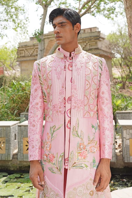 Buy_Soniya G_Pink Silk Embroidery Designer Blend Sherwani Set _Online_at_Aza_Fashions