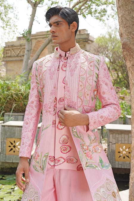 Shop_Soniya G_Pink Silk Embroidery Designer Blend Sherwani Set _Online_at_Aza_Fashions