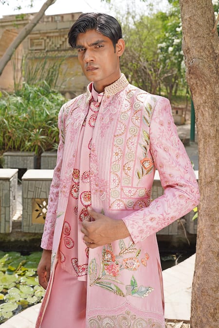 Soniya G_Pink Silk Embroidery Designer Blend Sherwani Set _at_Aza_Fashions