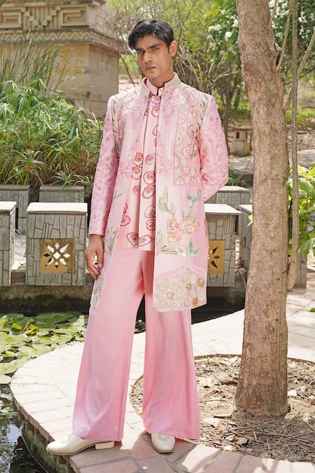 Buy_Soniya G_Pink Silk Embroidery Designer Blend Sherwani Set 