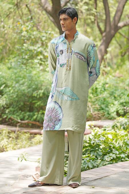 Buy_Soniya G_Green Chanderi Silk Printed Kurta Set _Online_at_Aza_Fashions