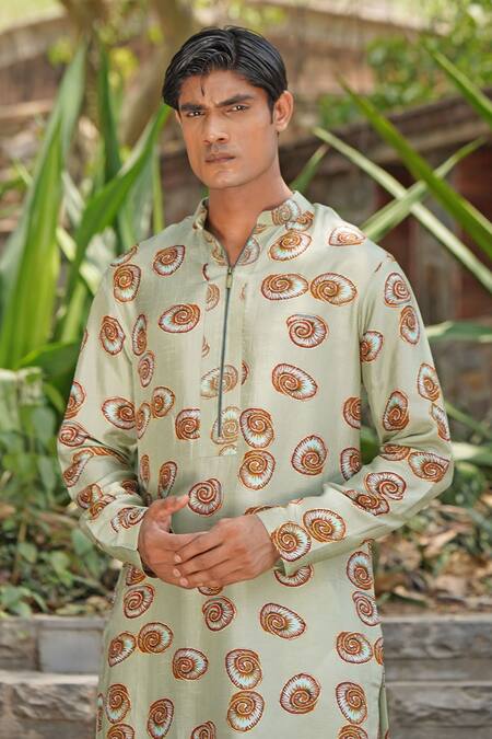 Soniya G_Mint Cotton, Silk, Linen Green Designer Kurta And Pant Set _Online_at_Aza_Fashions