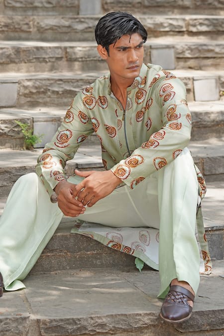 Shop_Soniya G_Mint Cotton, Silk, Linen Green Designer Kurta And Pant Set _Online_at_Aza_Fashions