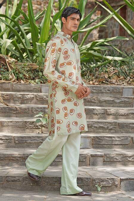 Soniya G_Mint Cotton, Silk, Linen Green Designer Kurta And Pant Set _at_Aza_Fashions