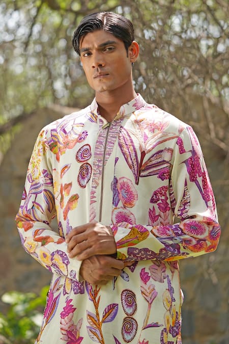 Shop_Soniya G_Ivory Cotton, Silk Embroidery Floral Print Kurta Set _Online_at_Aza_Fashions