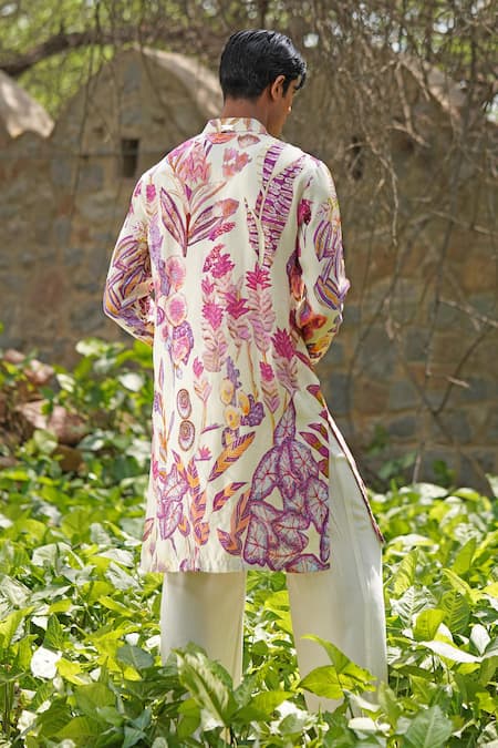 Soniya G_Ivory Cotton, Silk Embroidery Floral Print Kurta Set _at_Aza_Fashions