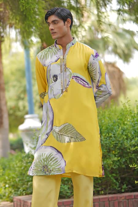 Soniya G_Yellow Satin Printed Luxe Kurta And Trouser Set _Online_at_Aza_Fashions