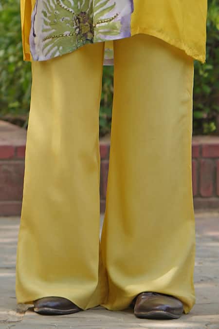 Buy_Soniya G_Yellow Satin Printed Luxe Kurta And Trouser Set _Online_at_Aza_Fashions