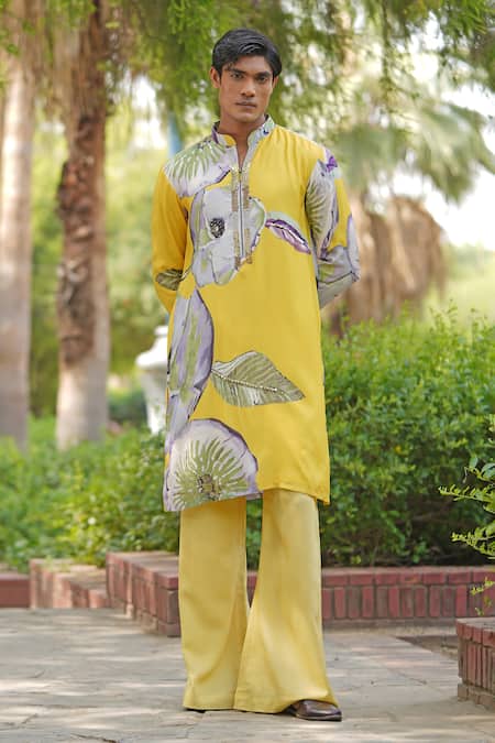 Shop_Soniya G_Yellow Satin Printed Luxe Kurta And Trouser Set _Online_at_Aza_Fashions