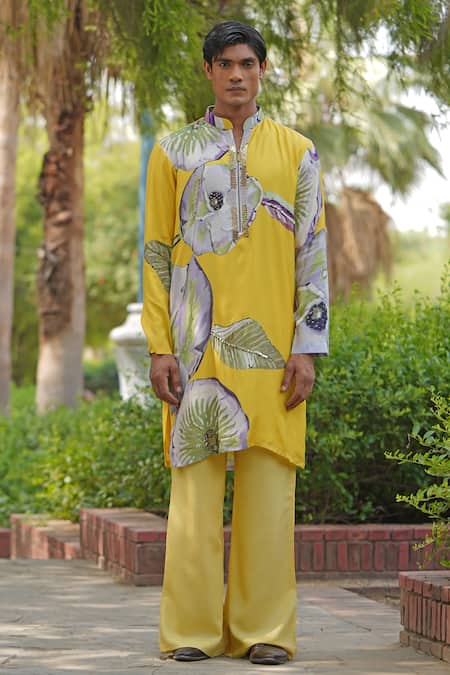 Buy_Soniya G_Yellow Satin Printed Luxe Kurta And Trouser Set 