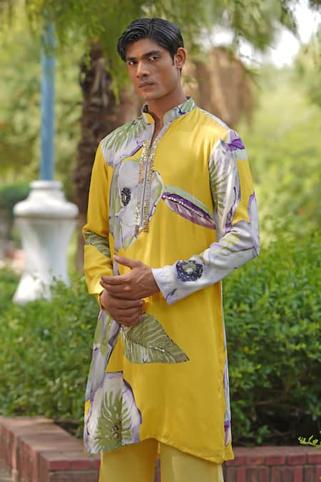 Shop_Soniya G_Yellow Satin Printed Luxe Kurta And Trouser Set 