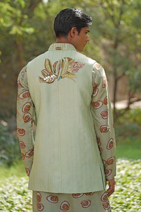 Soniya G_Green Cotton, Silk, Satin, Crepe Embroidery Designer Nehru Jacket Kurta Set _Online_at_Aza_Fashions