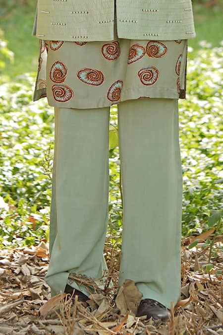 Buy_Soniya G_Green Cotton, Silk, Satin, Crepe Embroidery Designer Nehru Jacket Kurta Set _Online_at_Aza_Fashions