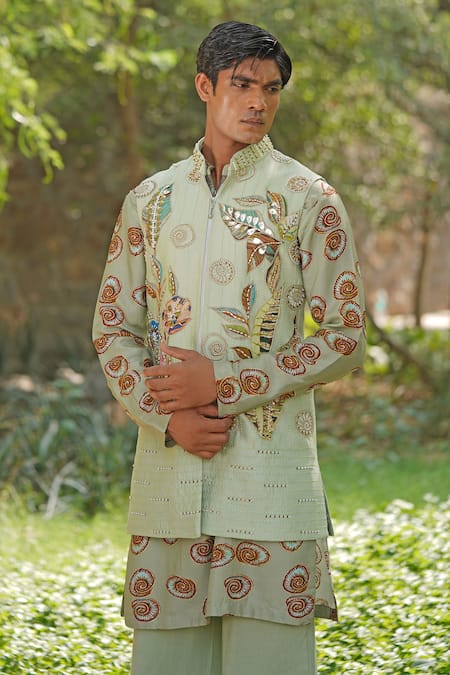 Shop_Soniya G_Green Cotton, Silk, Satin, Crepe Embroidery Designer Nehru Jacket Kurta Set _Online_at_Aza_Fashions