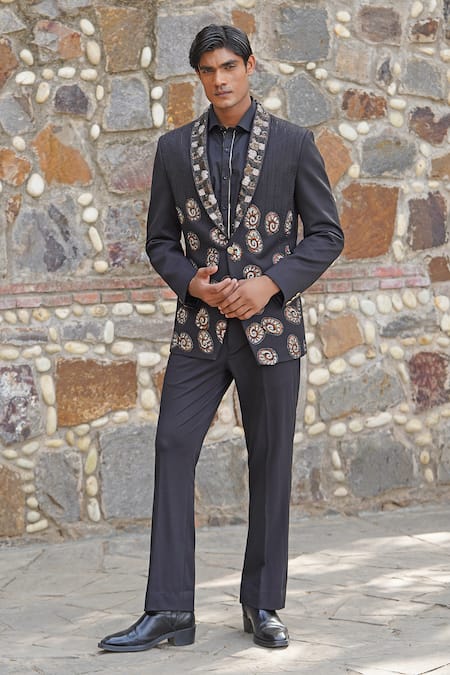 Soniya G Black Satin Embroidery Designer Blazer Set 