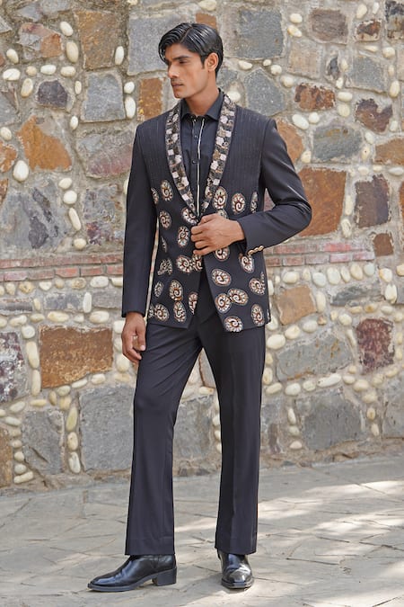 Shop_Soniya G_Black Satin Embroidery Designer Blazer Set _Online_at_Aza_Fashions