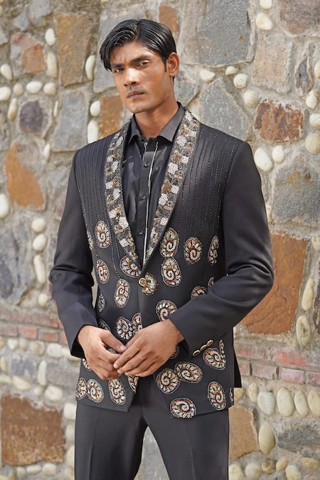 Soniya G_Black Satin Embroidery Designer Blazer Set _at_Aza_Fashions