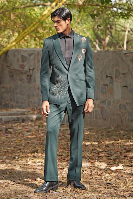 Soniya G Green Silk, Cotton, Crepe Embroidery Forest Handwoven Suit Set 