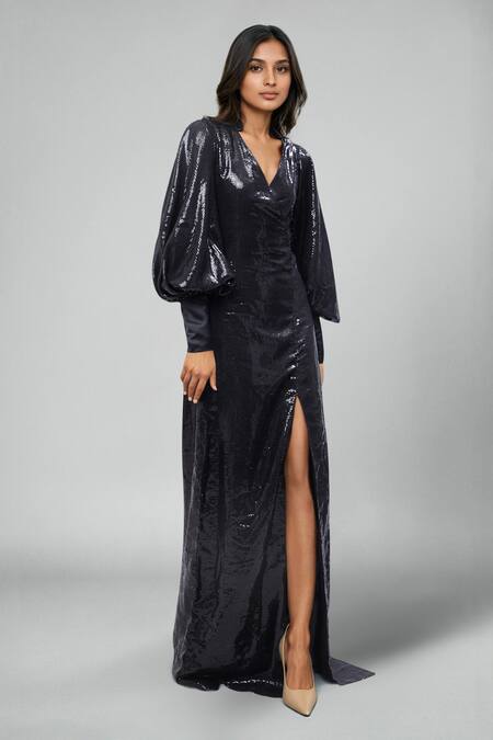 Emblaze Black Georgette Sequins V-neck Designer Gown Online at Aza Fashions Emblaze_Black Georgette Sequins V-neck Designer Gown _Online_at_Aza_Fashions