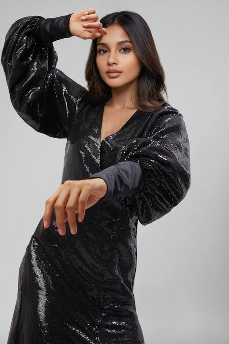 Buy Emblaze Black Georgette Sequins V-neck Designer Gown Online at Aza Fashions Buy_Emblaze_Black Georgette Sequins V-neck Designer Gown _Online_at_Aza_Fashions