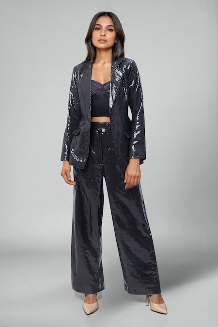 Emblaze Black Georgette Sequins Open , Square Jacket Pant Set 