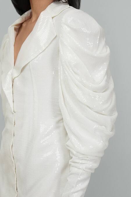 Emblaze_White Georgette Sequins Collared Blazer Dress_Online_at_Aza_Fashions