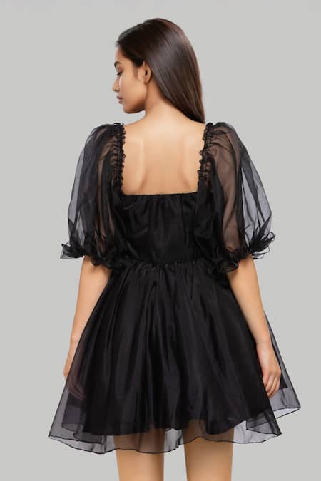 Emblaze Black Organza Puff Sleeve Dress 