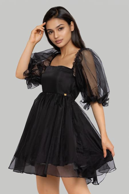 Emblaze_Black Organza Square Neck Puff Sleeve Dress _Online_at_Aza_Fashions