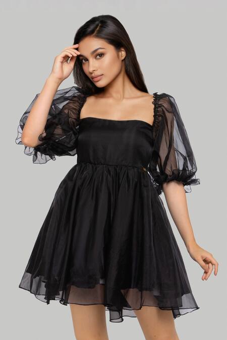 Buy_Emblaze_Black Organza Square Neck Puff Sleeve Dress _Online_at_Aza_Fashions