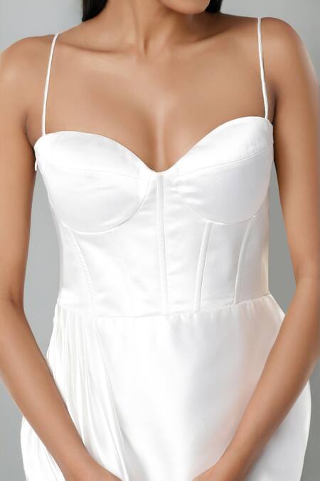 Emblaze_White Modal, Satin Sweetheart Neck Designer Dress _Online_at_Aza_Fashions