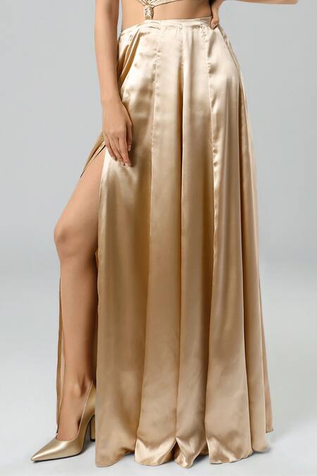 Emblaze_Gold Modal, Satin Asymmetric Designer Gown _Online_at_Aza_Fashions