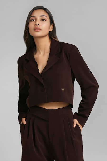 Buy_Emblaze_Brown Viscose, Knit Blazer And Pant Set _Online_at_Aza_Fashions