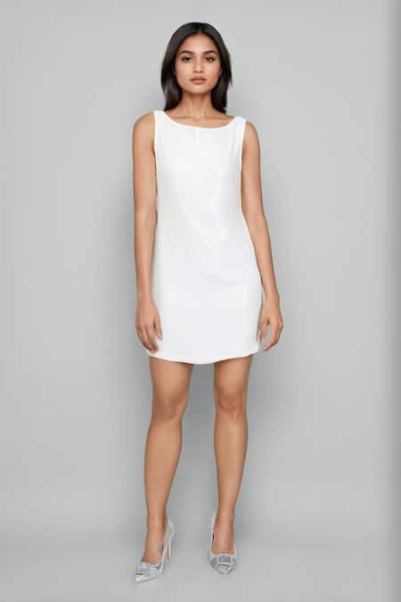 Emblaze White Georgette Round Neck Designer Dress 