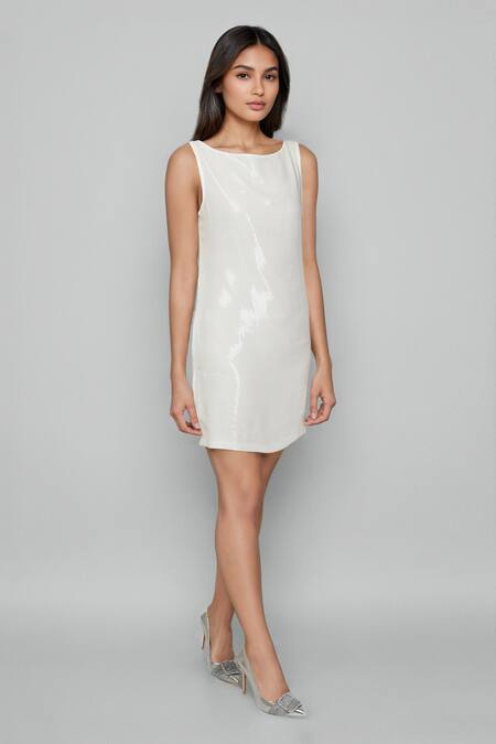 Emblaze_White Georgette Round Neck Designer Dress_Online_at_Aza_Fashions
