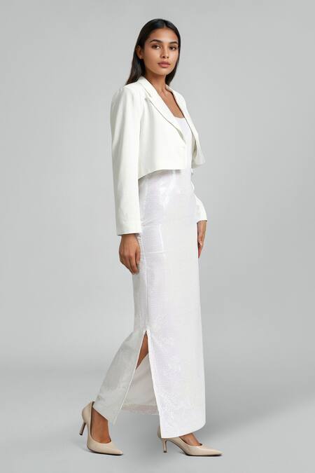 Emblaze_White Georgette, Viscose, Knit Round Neck Slip Dress And Blazer Set_Online_at_Aza_Fashions