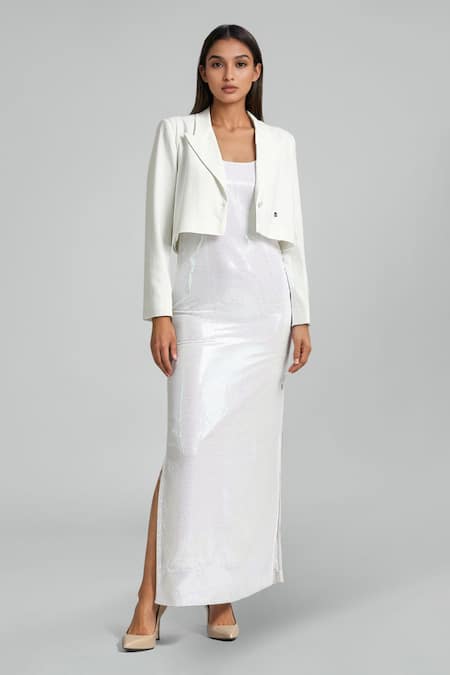 Emblaze White Georgette, Viscose, Knit Round Neck Slip Dress And Blazer Set 