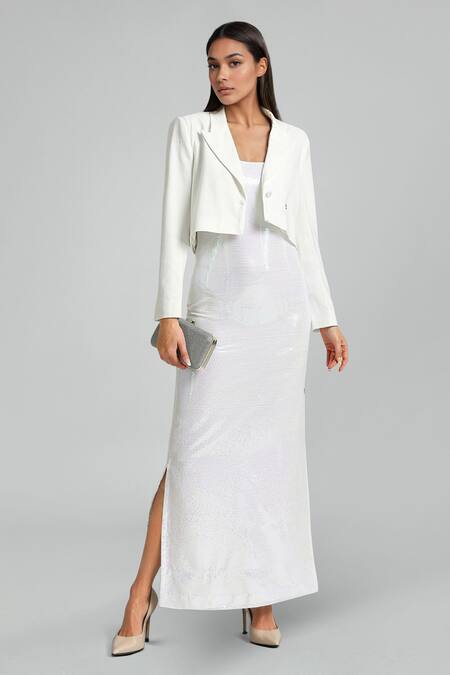Emblaze_White Georgette, Viscose, Knit Round Neck Slip Dress And Blazer Set_at_Aza_Fashions