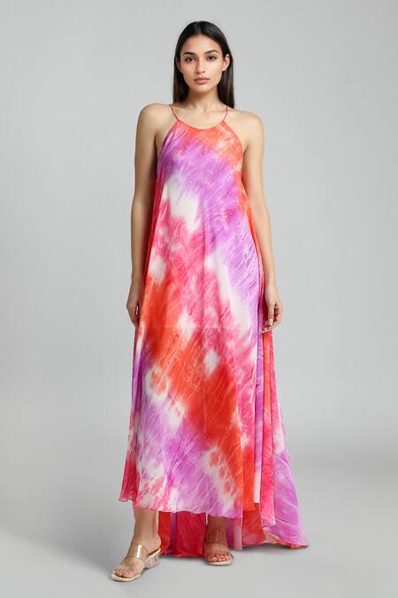 Shop_Emblaze_Red Georgette Halter Neck Multi-colour Designer Dress_Online_at_Aza_Fashions