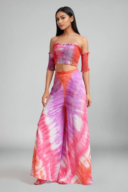 Emblaze_Pink Georgette Off-shoulder Multi-colour Tie-dye Crop Top And Pant Set _Online_at_Aza_Fashions
