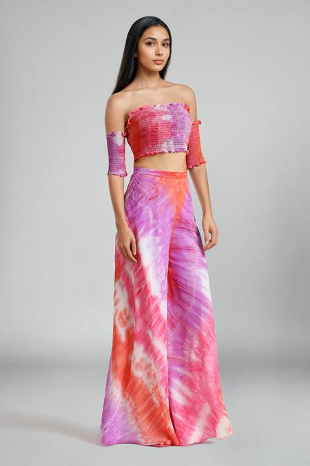 Buy_Emblaze_Pink Georgette Off-shoulder Multi-colour Tie-dye Crop Top And Pant Set _Online_at_Aza_Fashions