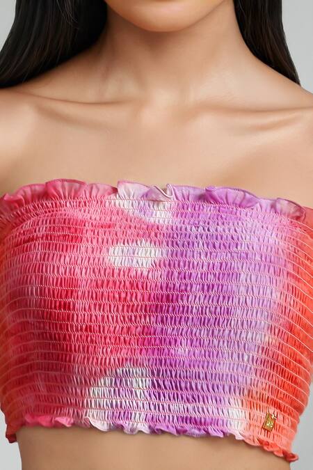 Shop_Emblaze_Pink Georgette Off-shoulder Multi-colour Tie-dye Crop Top And Pant Set _Online_at_Aza_Fashions