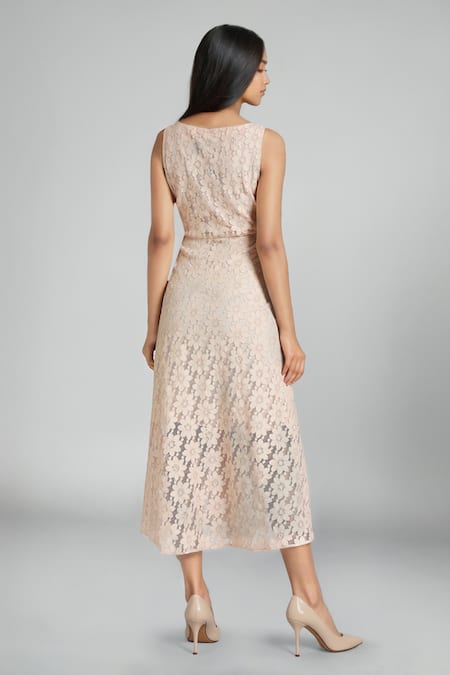 Shop Emblaze Peach Cotton Lace Square Neck Designer Dress at Aza Fashions Shop_Emblaze_Peach Cotton Lace Square Neck Designer Dress_at_Aza_Fashions