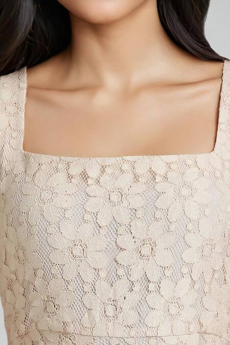 Buy Emblaze Peach Cotton Lace Square Neck Designer Dress Online at Aza Fashions Buy_Emblaze_Peach Cotton Lace Square Neck Designer Dress_Online_at_Aza_Fashions
